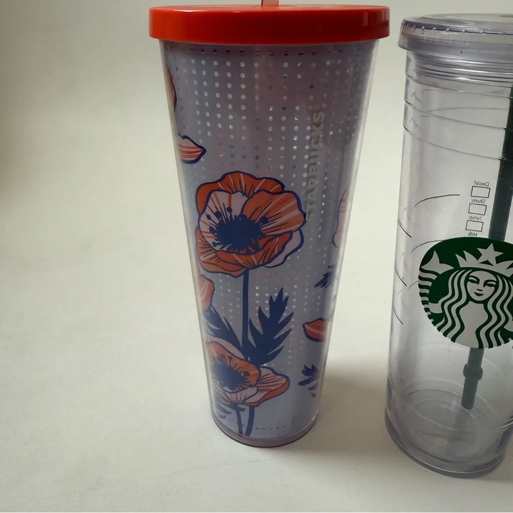 Starbucks Venti Cold Cup Tumbler with Straws Poppy Flower Clear Classic Tumbler